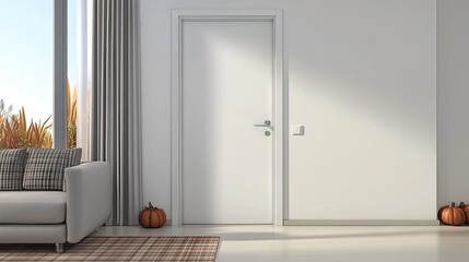 Fototapeta premium An inviting room showcases an empty picture frame set against warm brown walls, adorned with autumn decorations like pumpkins