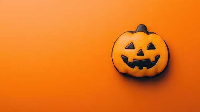 A Halloween-themed cookie shaped like a pumpkin, featuring a smiling face with triangular eyes and a jagged mouth. The cookie is orange with black accents, set against a solid orange background