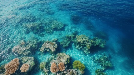 Obraz premium Expansive aerial shot of a vibrant coral reef in crystal-clear waters, with colorful corals and schools of fish visible beneath the surface. 4K hyperrealistic photo.