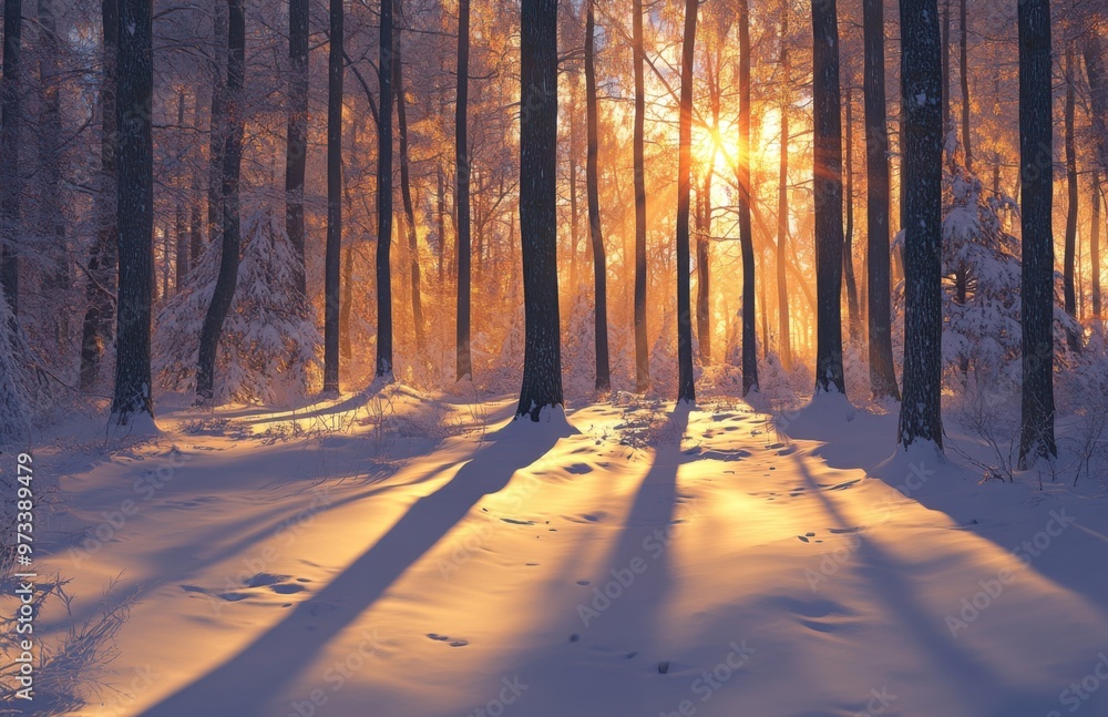 Aufkleber the golden rays of the setting sun cast long shadows through snow-covered trees in an enchanting win
