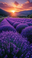 Naklejka premium Magnificent Lavender Fields at Sunset in Mountainous Countryside
