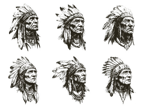 Apaches chief portraits. Indian chiefs tattoo sketches, headman in native american traditional headdress with tribal feathers. indians vintage draw set vector illustration