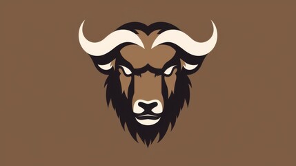 Minimalist illustration of a buffalo head with large curved horns on a brown background.