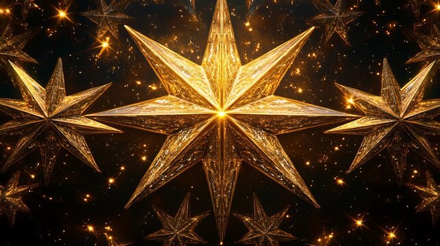 Symmetrical arrangement of Christmas stars in a radial pattern, with each star perfectly aligned and polished. 4K hyperrealistic photo.