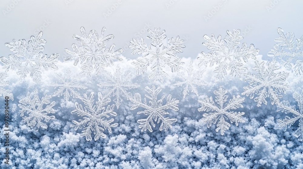 Poster snowflakes arranged in a precise, repeating pattern on a frosty window, with each flake unique yet p