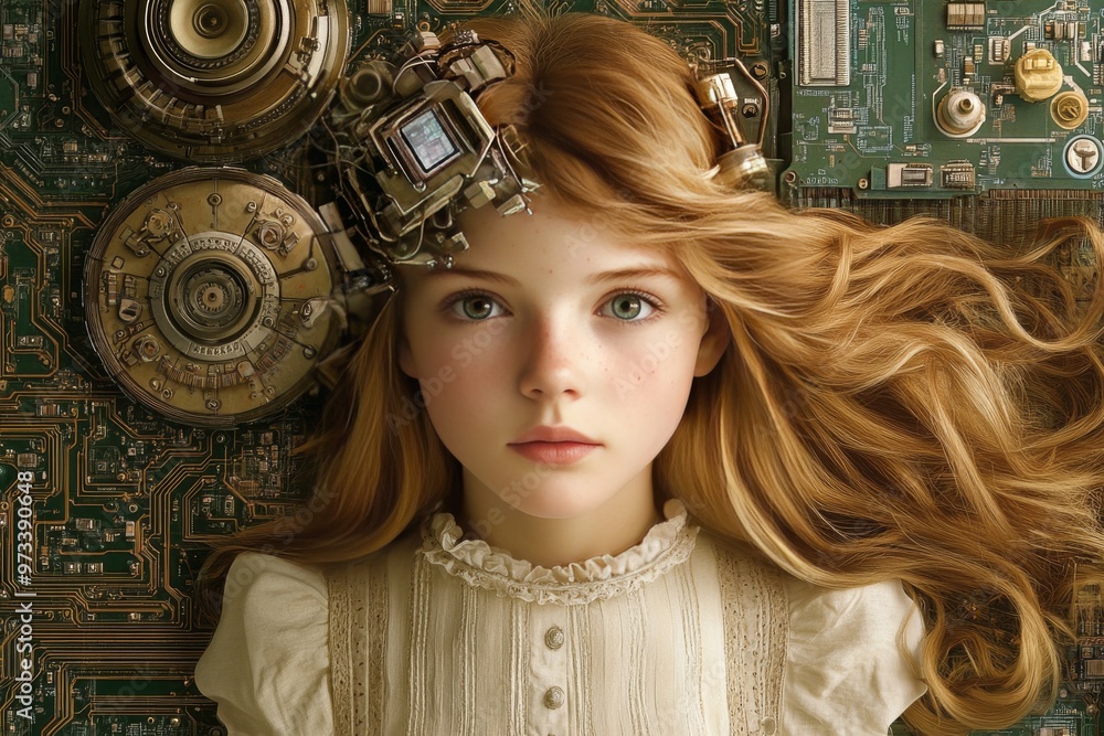 Poster artificial neuron robotic arm virtual assistant digital synapse and quantum ai young girl with mecha