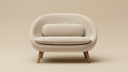 A modern, minimalist sofa with a rounded shape and a single cylindrical cushion. The sofa is upholstered in a light beige fabric and features wooden legs. The background is a soft, neutral tone