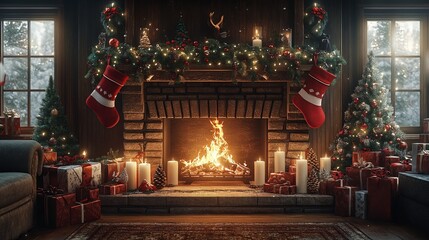 Christmas-themed fireplace scene with stockings, garlands, candles, and a roaring fire, in a cozy living room. 4K hyperrealistic photo.