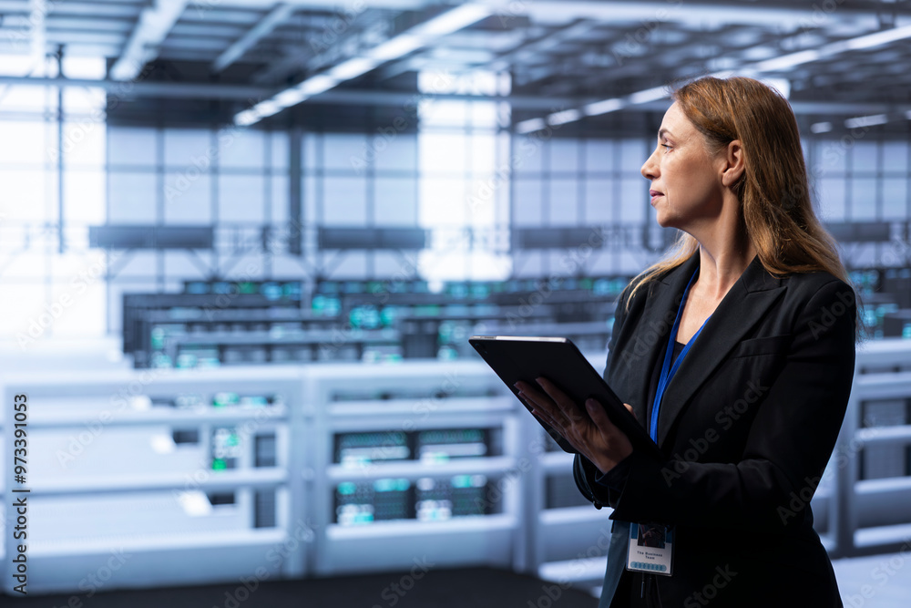 Poster computer scientist walking between server rows in data center, doing yearly infrastructure inspectio