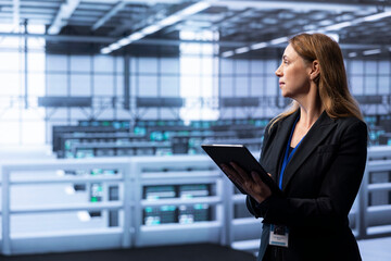 Computer scientist walking between server rows in data center, doing yearly infrastructure...