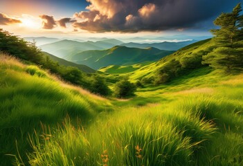 vibrant colorful cloud formations cascading over serene tranquil landscape rolling hills lush greenery, artistic, beautiful, breathtaking, bright, cooling