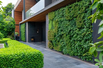 Lush landscaping featuring dense shrubs and vertical gardens surrounding a modern home entrance in bright daylight