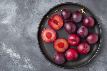 Freshly harvested black plums and sliced red plums arranged artfully on a sleek black plate against a textured background