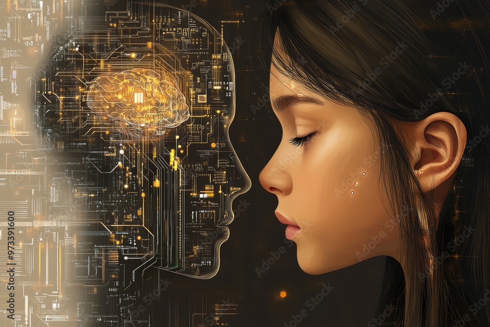 Aufkleber Quantum computing quantum AI cybernetic loop computational neuroscience and cognitive interface digital face made of circuits and holographic projections interfacing with human face