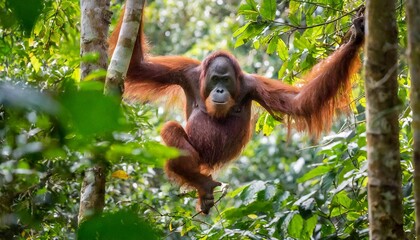Naklejka premium Orangutan Swinging through the Dense Canopy of a Borneo Rainforest