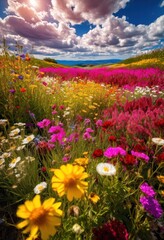 Obraz premium expansive blue skies over vibrant flower fields full bloom lush colors bright petals creating picturesque landscape, flowers, blooms, blossoms, flora