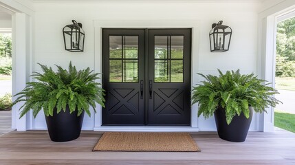 The front porch showcases a modern farmhouse style with a sleek black door, lush ferns in elegant planters, and inviting outdoor lights against a bright white wall