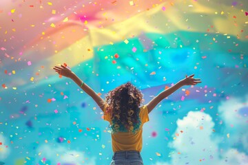 Celebrating stories that deserve a better goodbye with vibrant confetti under a colorful sky during a joyful event