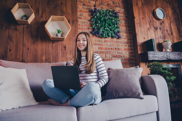 Obraz premium Full size photo of nice teen woman hold netbook sit couch wear stylish striped clothes modern light cozy interior flat indoors