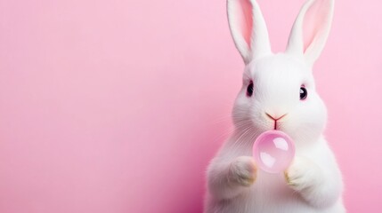 Fototapeta premium A white rabbit with pink background holding a bubble, AI