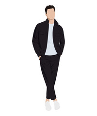Vector illustration of a man in a black jacket, white t-shirt and black pants. Classic casual style
