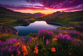 Naklejka premium breathtaking landscape features under vibrant evening skies highlighting unique terrain forms natural beauty, sky, clouds, colors, horizon, nature