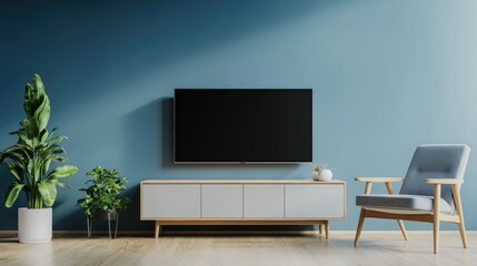 Modern Living: Bright Apartment Interior with Elegant Decor on Blue Wall Background
