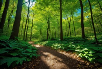 vibrant trails winding through lush green forests surrounded dense foliage towering trees under clear blue sky, adventure, bright, canopy, colors