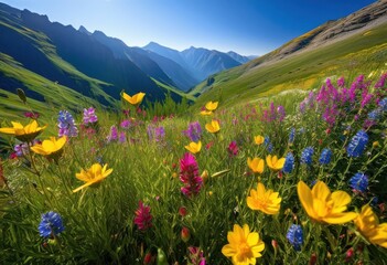 colorful wildflowers blooming serene mountain valley surrounded lush greenery clear blue skies, landscape, nature, sky, scenery, field, meadow, flora