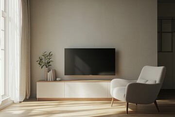 Modern Living Room with TV Cabinet and Armchair in Neutral Tones