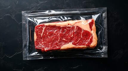 Freezer beefsteak in packaging on black background. Raw beef steak vacuum sealed bag for sell. Beef rib eye steak plastic pack. top view.