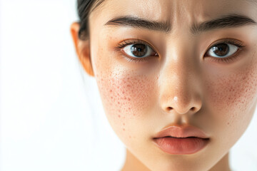 Fototapeta premium young woman with problematic skin and without makeup, girl with pigmentations, closed comedones, pimples on face, looking troubled, skin care and dermatology problem 