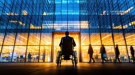 Modern Accessibility: Person in Motorized Wheelchair Entering Corporate Office Building with Reflective Glass, Business Professionals, Copy Space, Ultra HD