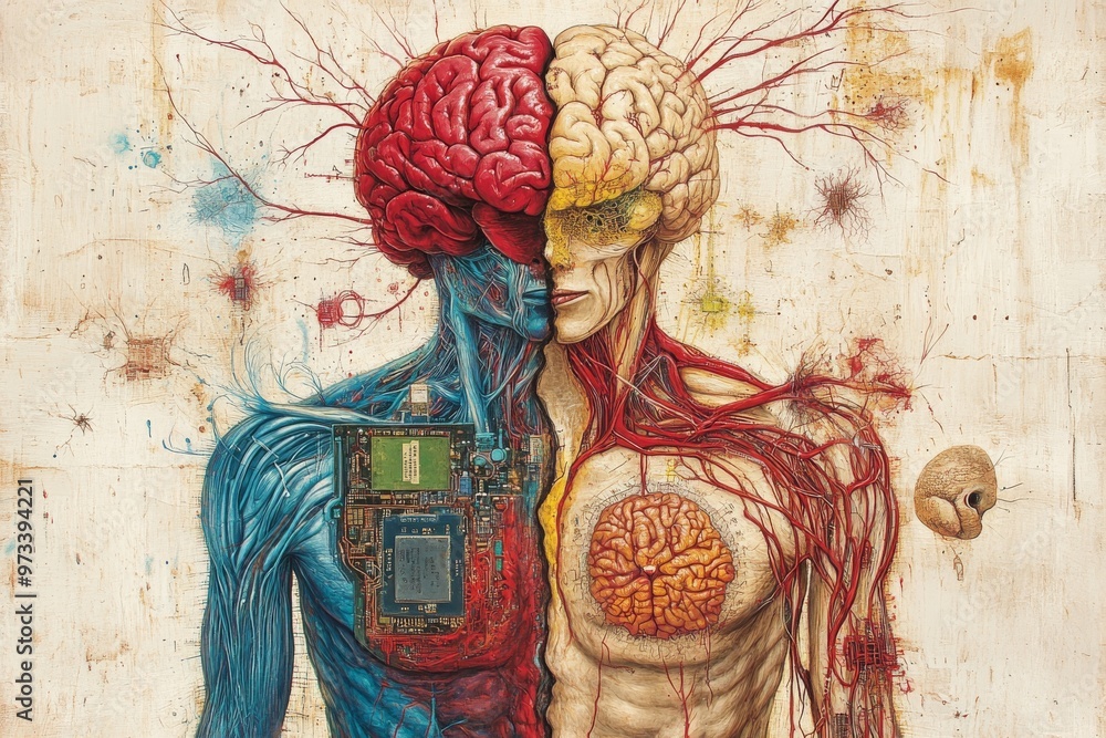 Poster cortical interface robotic limb optical interface biohacking and biohybrid system man looking at a d
