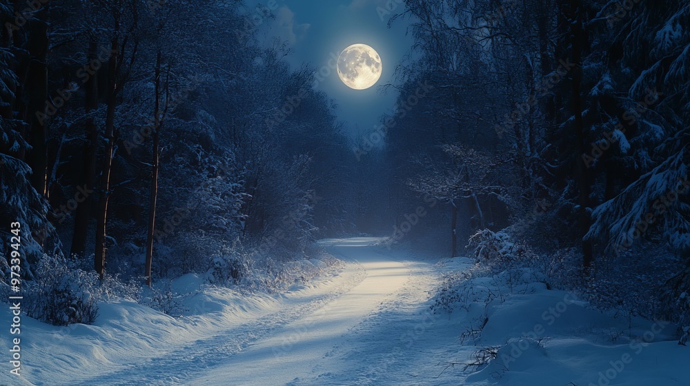 Poster snowy path winding through a dark forest under a full moon, with the trees casting long shadows and 