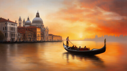Serene scene illustration of a man rowing gondola on the Grand Canal in Venice, Italy. The sun is setting, casting a warm glow on the buildings and domes along the canal. Copy space, 16:9