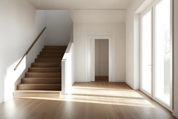 Fototapeta premium Modern Architectural Interior Design with Staircase, Parquet Floor and Forest View