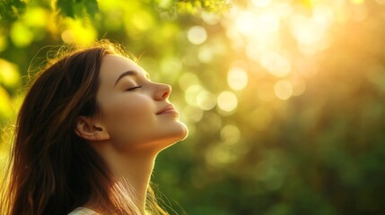 Peaceful forest moment   woman inhaling fresh air and experiencing serenity and wellness