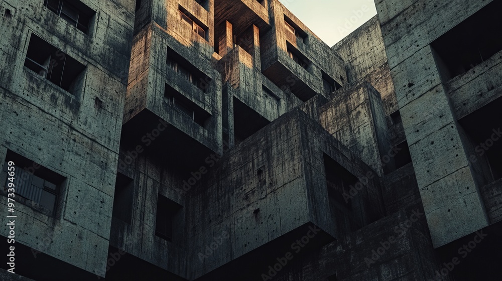 Poster brutalist apartment complex with repetitive, modular design, featuring deep shadows and harsh concre