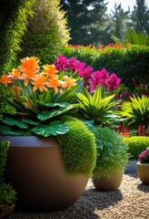 Fototapeta premium vibrant plant arrangement featuring diverse gardening designs colorful lush unique planters beautiful landscape setting, plants, flowers, foliage, colors