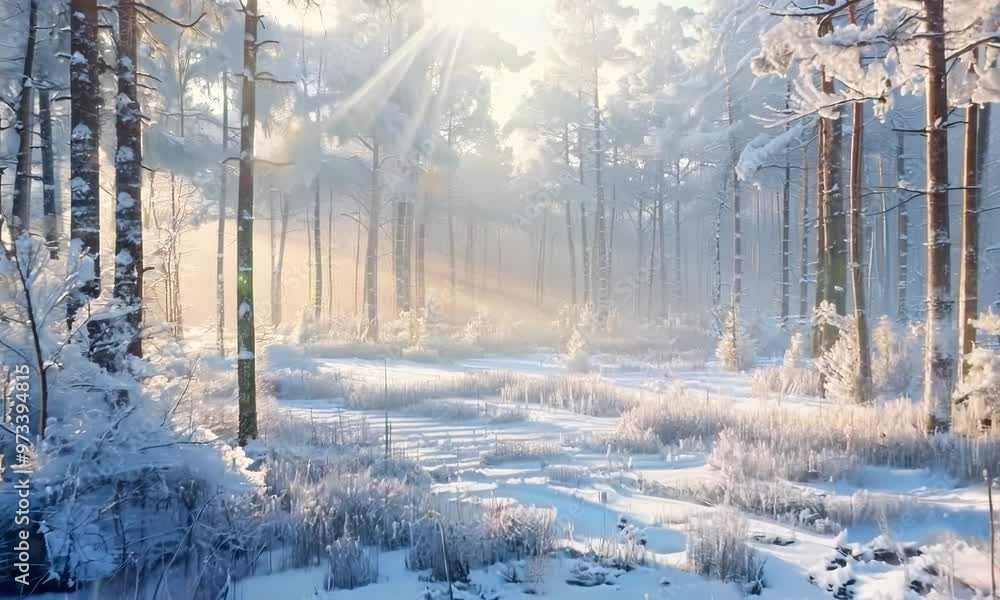 Sticker Snowy forest with frost-covered trees, Video