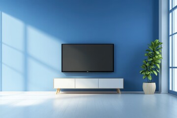 Modern Living Room Interior with TV Cabinet, Blue Walls, and Elegant Decor