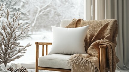 Winter mockup of a plain pillow on a cozy armchair by a snow-covered window, with a warm blanket and holiday decor nearby, ideal for home decor designs. 4K hyperrealistic photo.