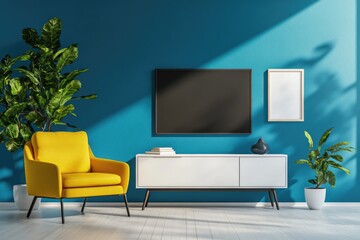 Modern Living Room with Stylish TV Cabinet and Cozy Armchair on Blue Wall