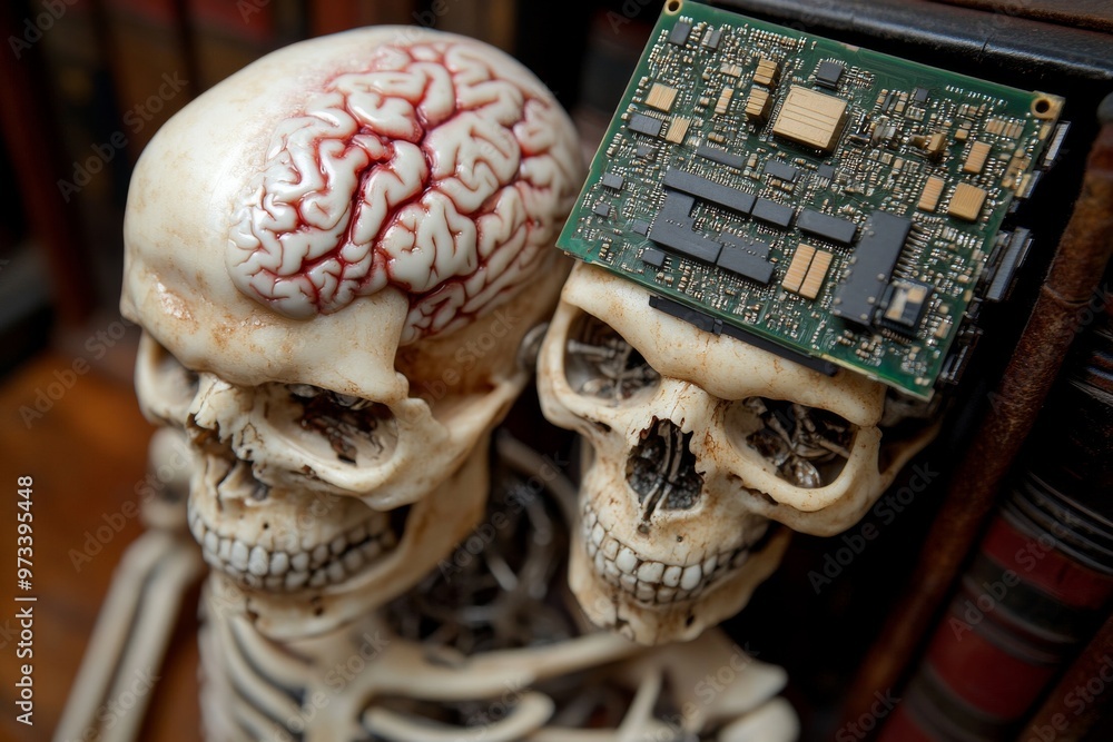 Aufkleber Bioelectronic device quantum entanglement mechanical cortex sensory feedback and virtual assistant skeletal structure with mechanical brain and exposed neural circuitry