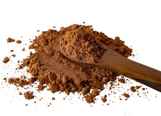 Textured natural cocoa powder .Close-up photo on wooden spoon. Bitter cocoa powder in white or transparent background. Copy space. Background for culinary promotions
