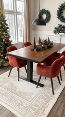 Fototapeta premium The dining area features a modern table with vibrant red chairs, complemented by a sleek black pendant light, and adorned with minimalistic Christmas decor for a festive touch