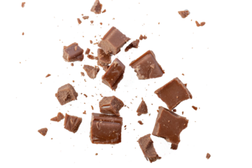 Broken milk chocolate pieces on white or transparent background.Chocolate chips . Ingredients for dessert recipes.Recipe magazines and cookbooks 