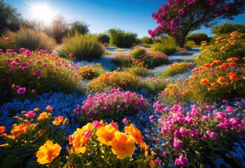 vibrant floral landscapes showcasing fertile earth lush blossoms diverse plant life under clear blue skies, flowers, plants, greenery, colors, bloom