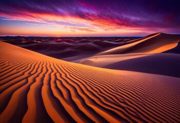 Naklejka premium vibrant sand dunes dusk creating bold shadows stunning textures under colorful sky, landscape, desert, evening, light, contrast, orange, blue, scenery
